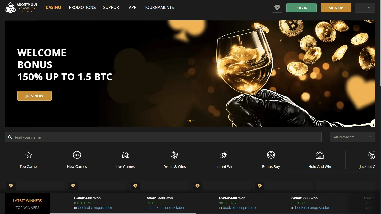 Anonymous Casino desktop games lobby