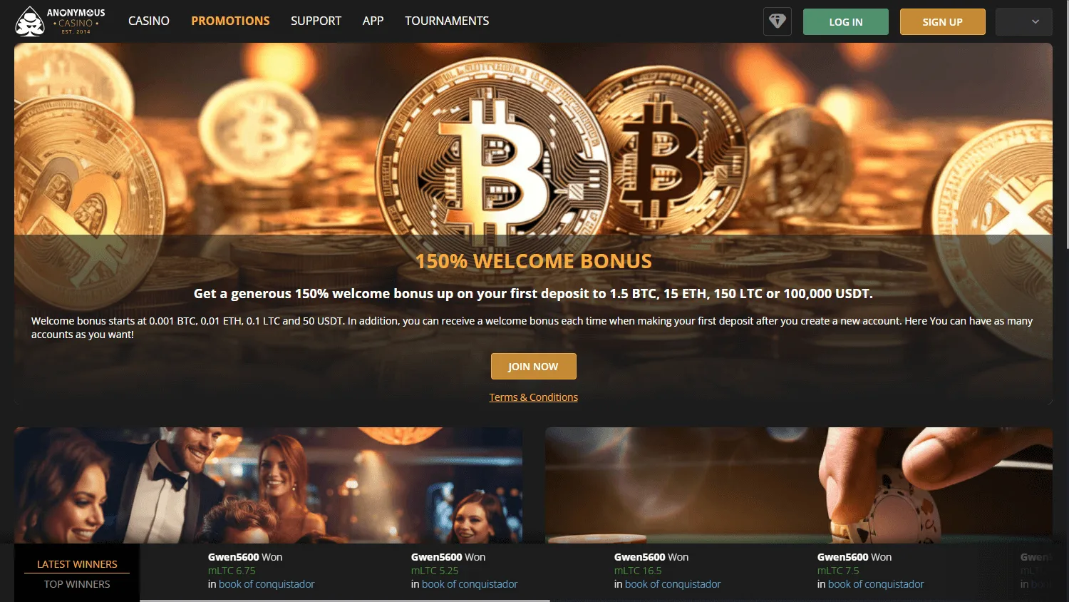 Anonymous Casino desktop promotions area