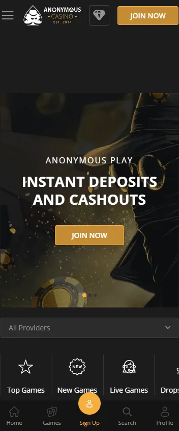 Anonymous Casino mobile home interface