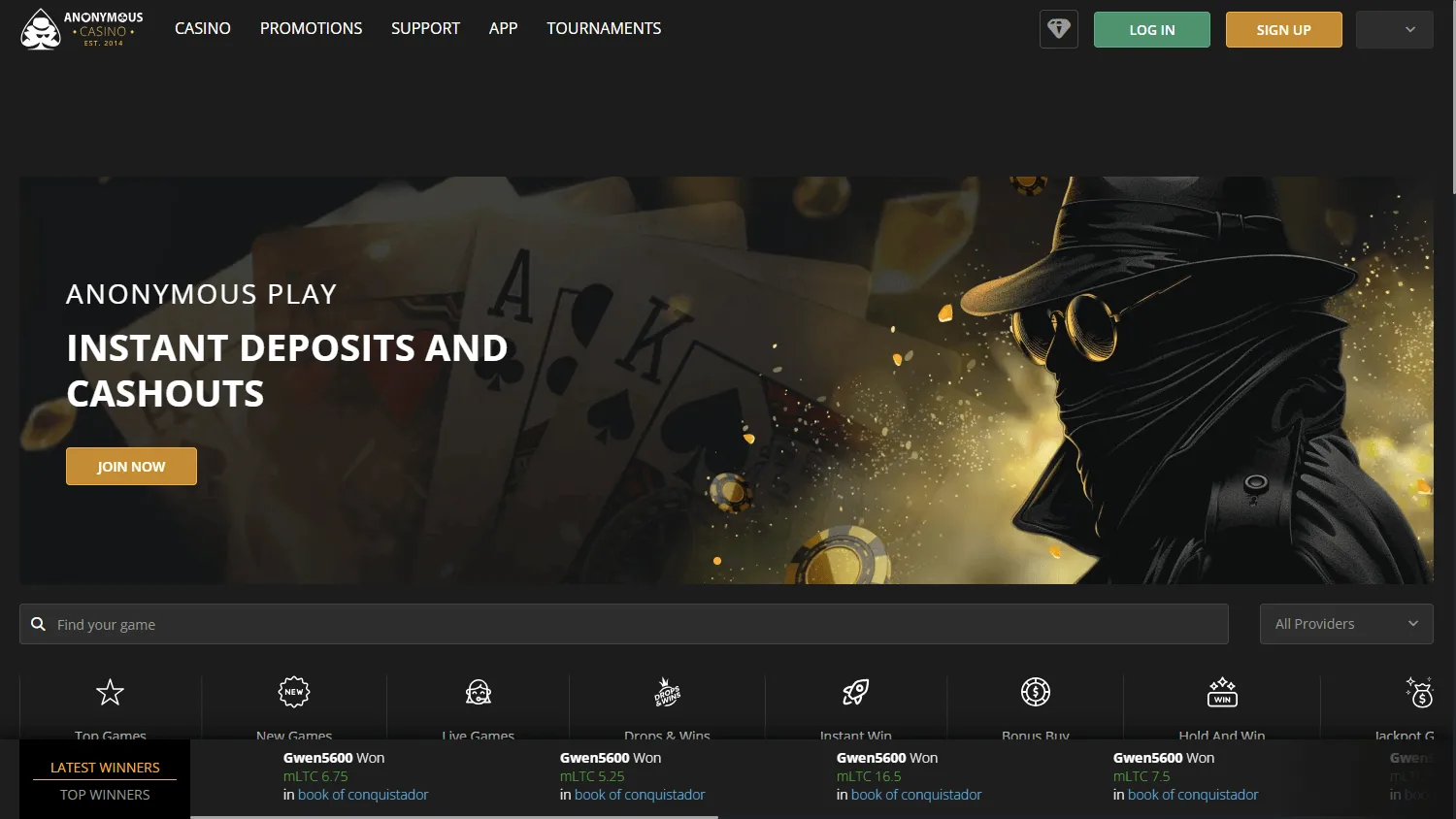Anonymous Casino desktop home interface